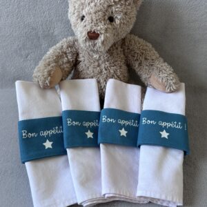 Ronds de serviette "Bon appétit !" - Lot de 4 - Bleu clair / Flocage Blanc
