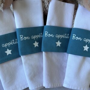 Ronds de serviette "Bon appétit !" - Lot de 4 - Bleu clair / Flocage Blanc